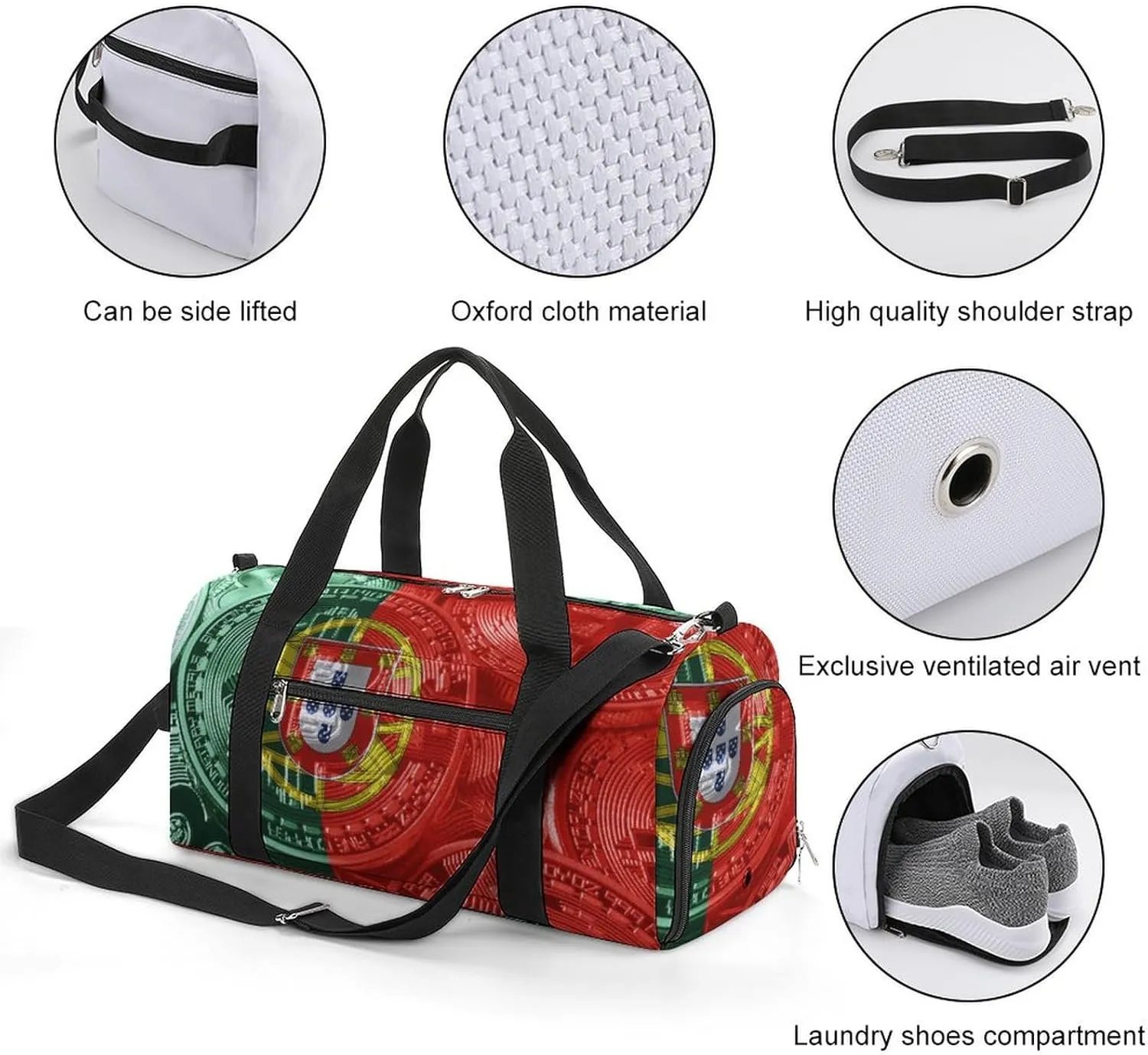 Lightweight Portugal Flag Bitcoin Gym Bag with Shoe Compartment Waterproof Duffel