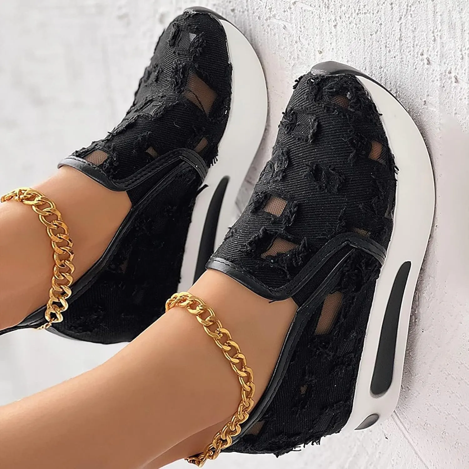 Loafers for Women Platform Wedge Sneakers Floral Embroidery Breathable Mesh Sneakers Lightweight Breathable Slip On Softsole Walking Shoes