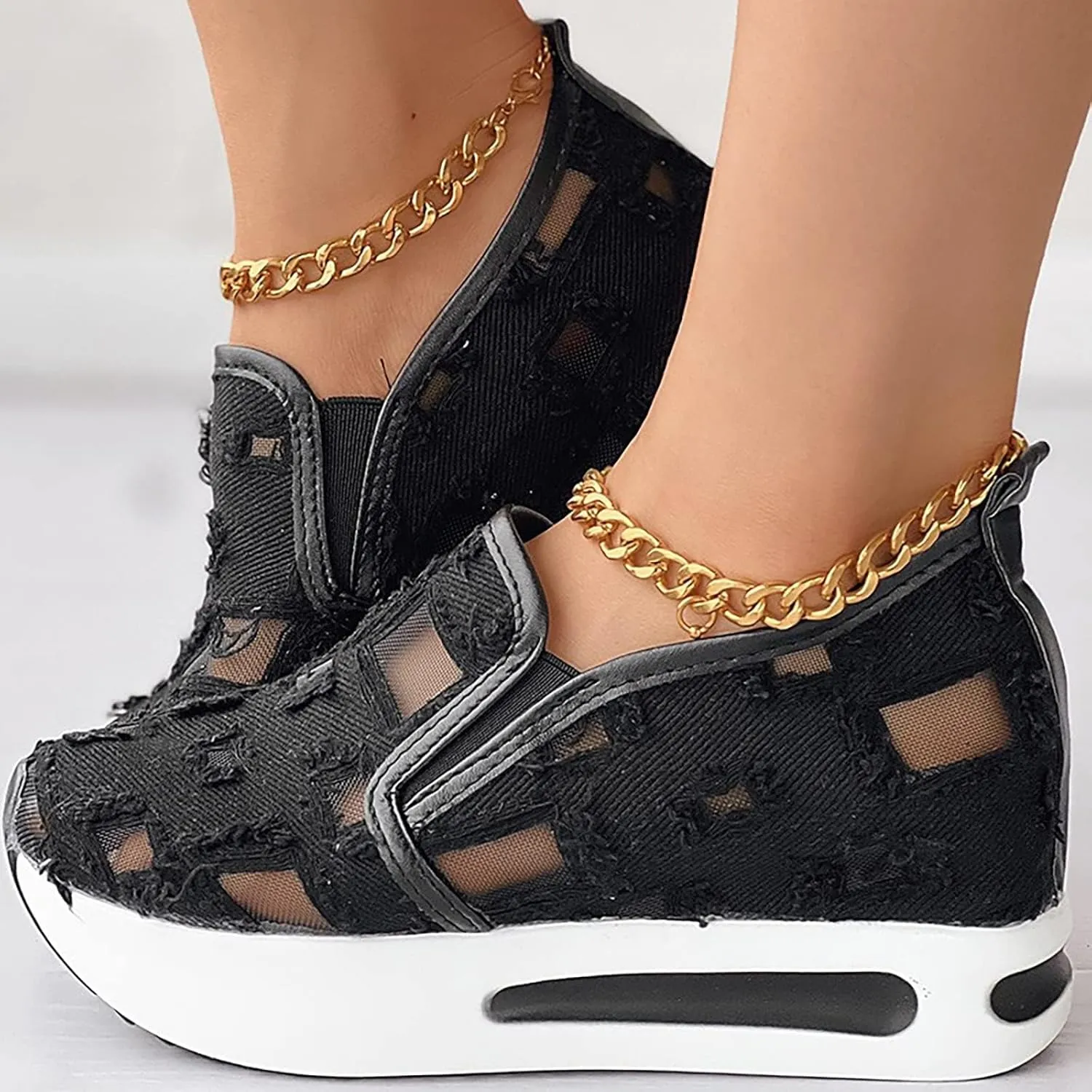 Loafers for Women Platform Wedge Sneakers Floral Embroidery Breathable Mesh Sneakers Lightweight Breathable Slip On Softsole Walking Shoes
