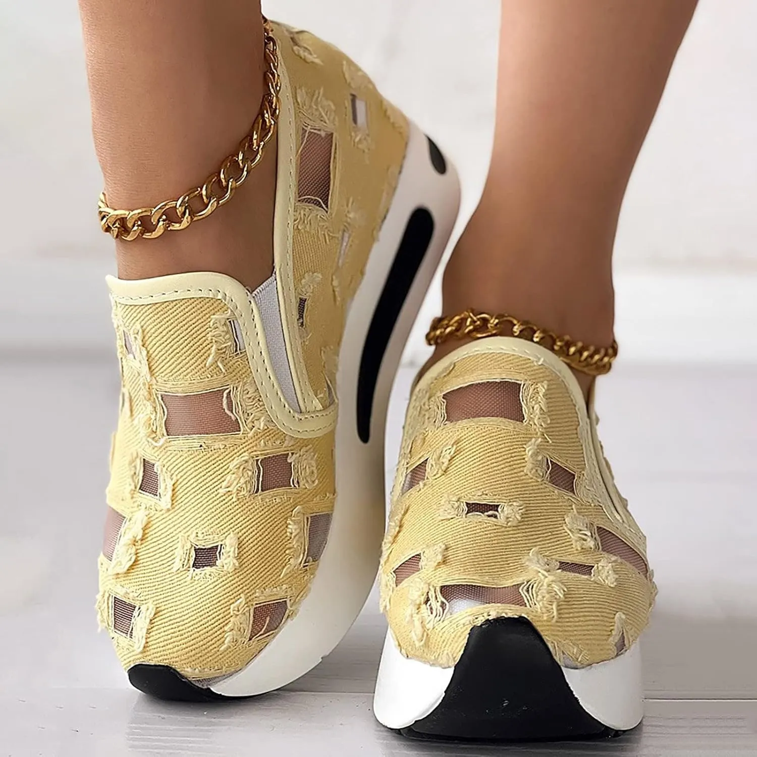 Loafers for Women Platform Wedge Sneakers Floral Embroidery Breathable Mesh Sneakers Lightweight Breathable Slip On Softsole Walking Shoes