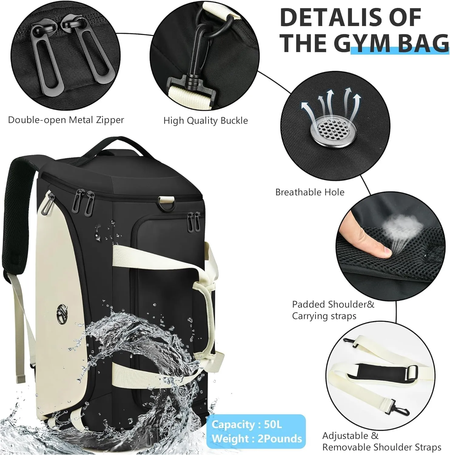 LOKASS Gym Bag for Men/Women-Duffle Sports Bag with Shoe Compartment, Carry On Weekender/Overnight Bag, Waterproof Gym Backpack Travel Bag for Camping (Grey, Large)