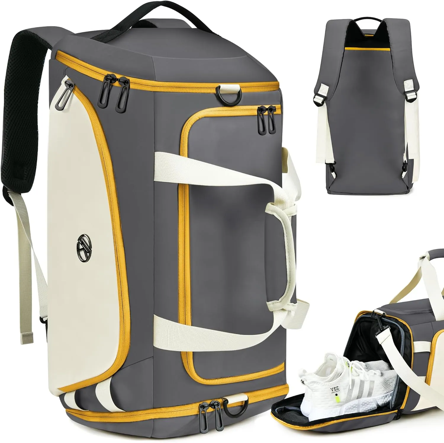 LOKASS Gym Bag for Men/Women-Duffle Sports Bag with Shoe Compartment, Carry On Weekender/Overnight Bag, Waterproof Gym Backpack Travel Bag for Camping (Grey, Large)