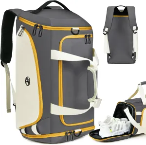 LOKASS Gym Bag for Men/Women-Duffle Sports Bag with Shoe Compartment, Carry On Weekender/Overnight Bag, Waterproof Gym Backpack Travel Bag for Camping (Grey, Large)