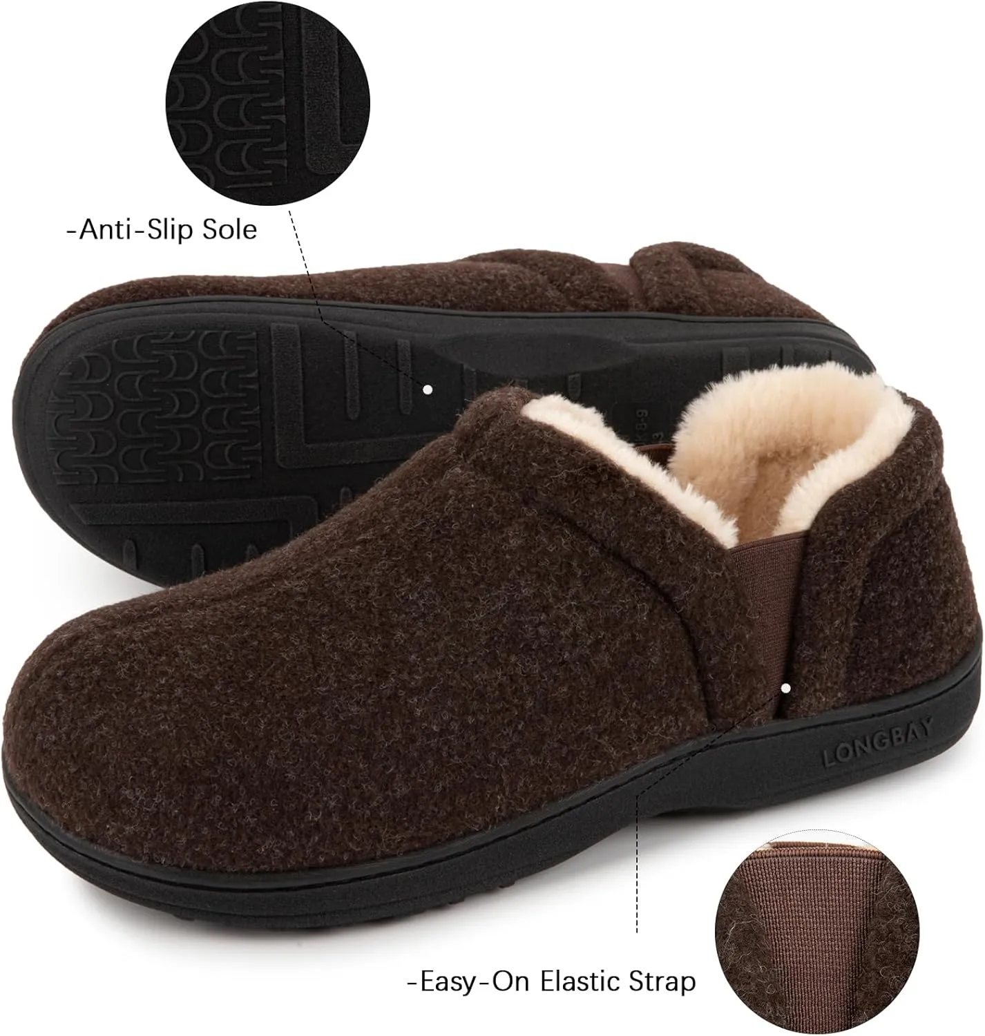 LongBay Men's Slippers Warm Bedroom House Shoes Slip-On Memory Foam Winter House Slippers for Indoor Outdoor