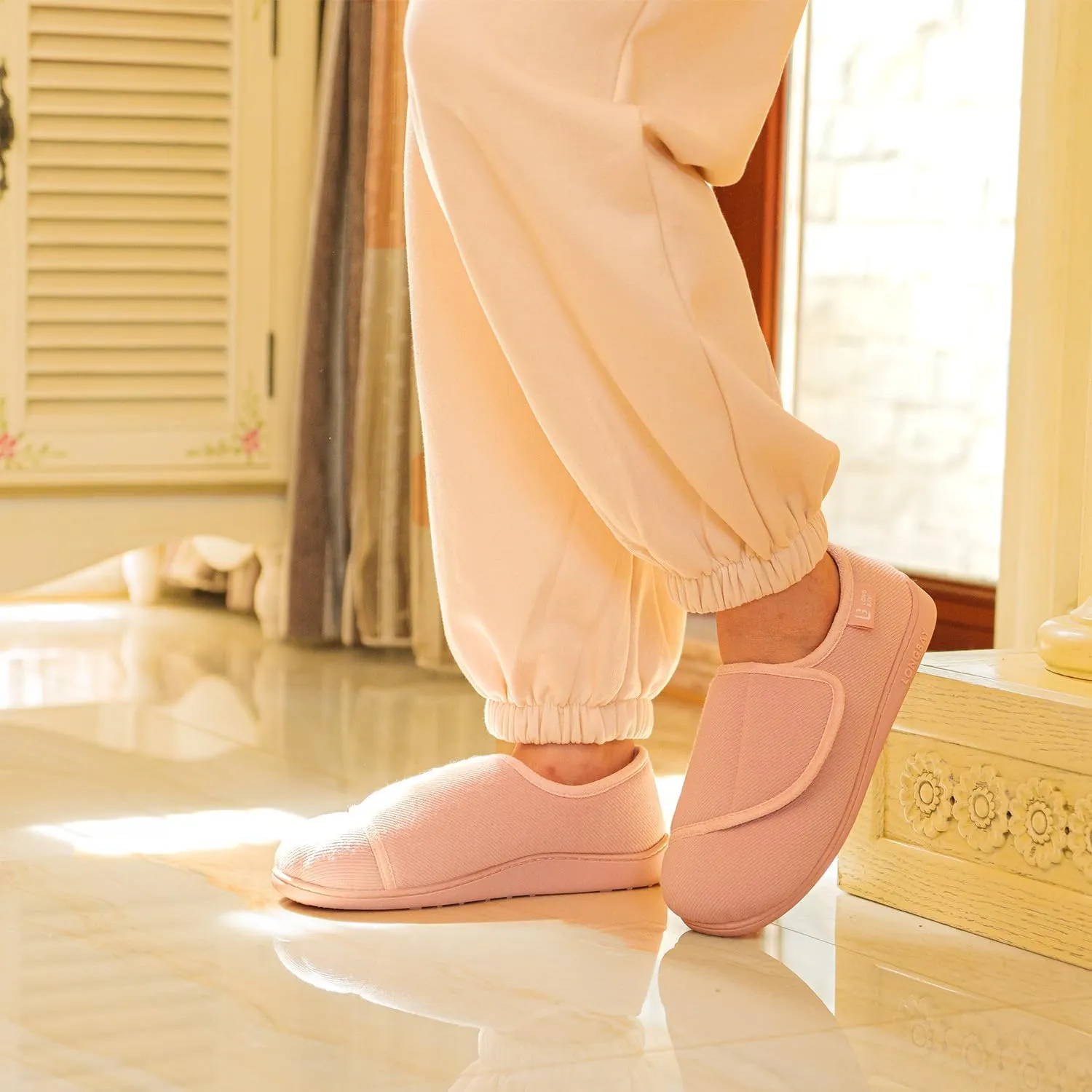 LongBay Women's Adjustable Slippers Non Slip Wide House Shoes Indoor Outdoor Diabetic Swollen Feet