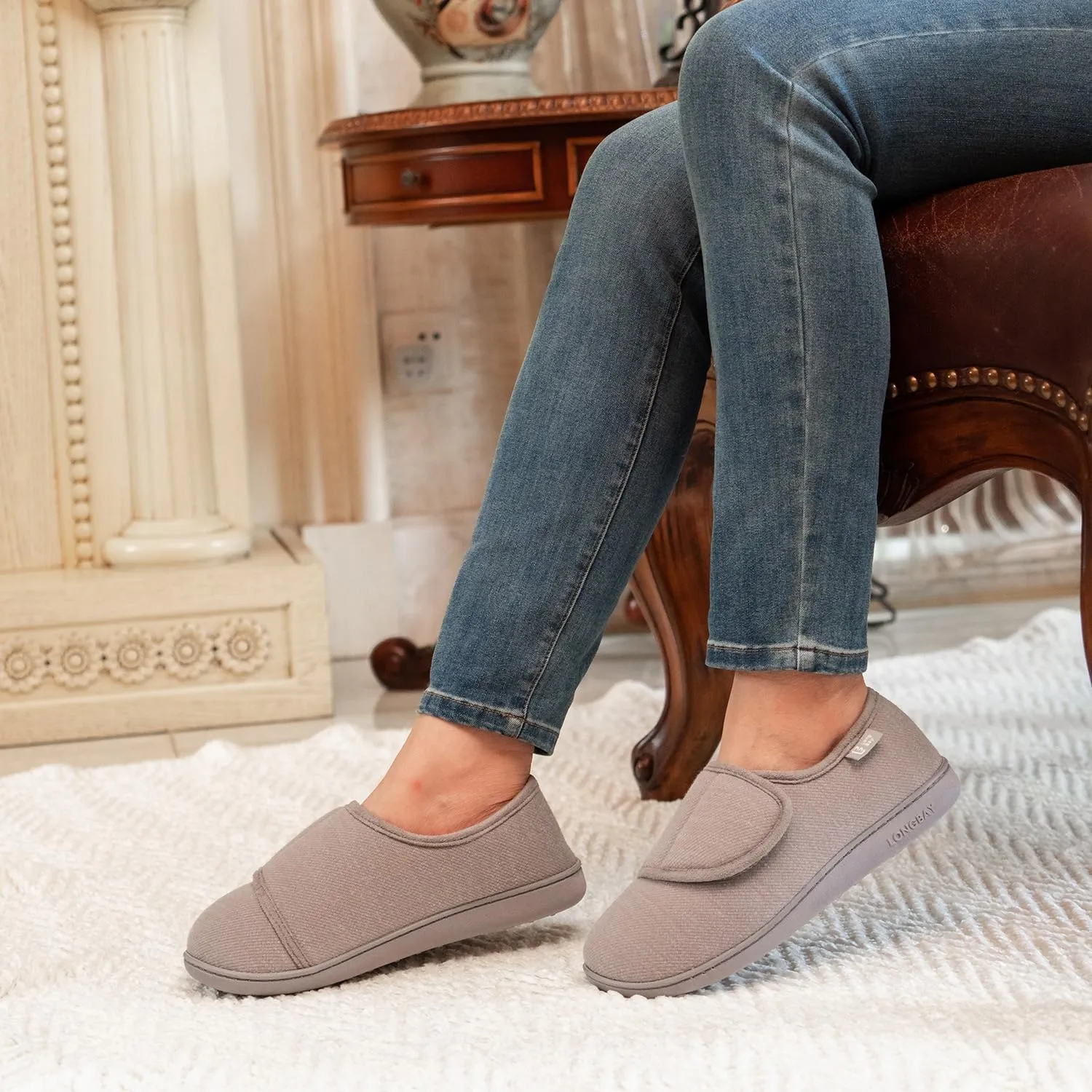 LongBay Women's Adjustable Slippers Non Slip Wide House Shoes Indoor Outdoor Diabetic Swollen Feet