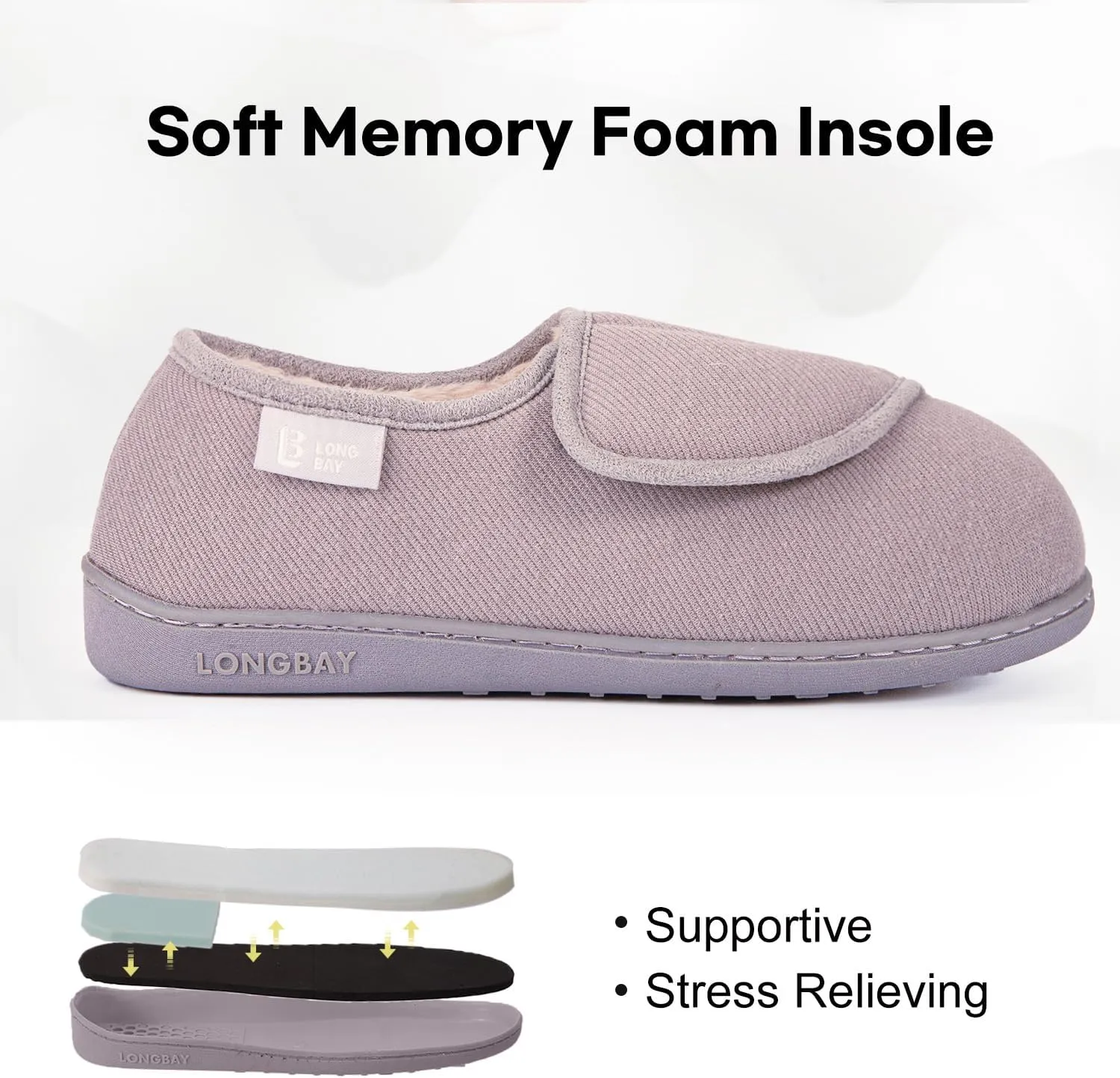 LongBay Women's Adjustable Slippers Non Slip Wide House Shoes Indoor Outdoor Diabetic Swollen Feet