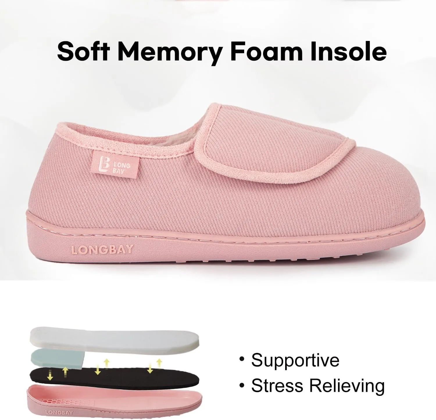 LongBay Women's Adjustable Slippers Non Slip Wide House Shoes Indoor Outdoor Diabetic Swollen Feet