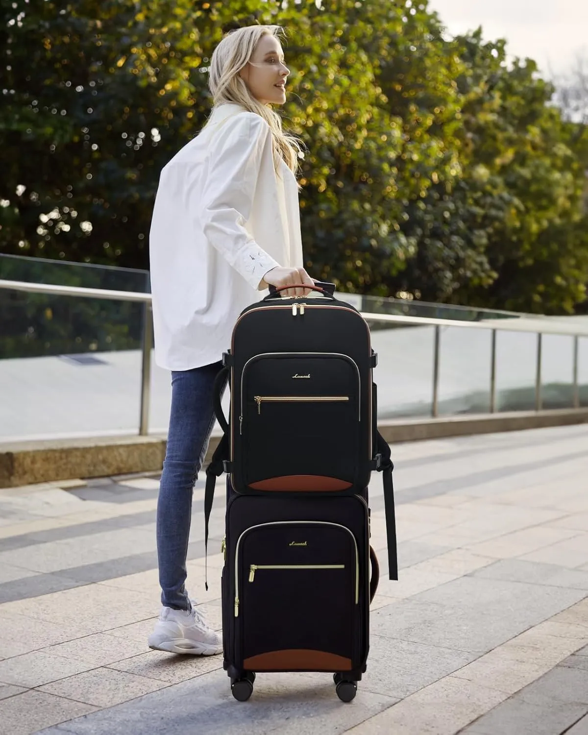 LOVEVOOK Luggage Sets for Women, 5 Piece Softside Carry-on Luggage Set, Lightweight Spinner Suitcases with Wheels with TSA Lock, Water-Resistant Large Capacity Suitcase Set for Travel