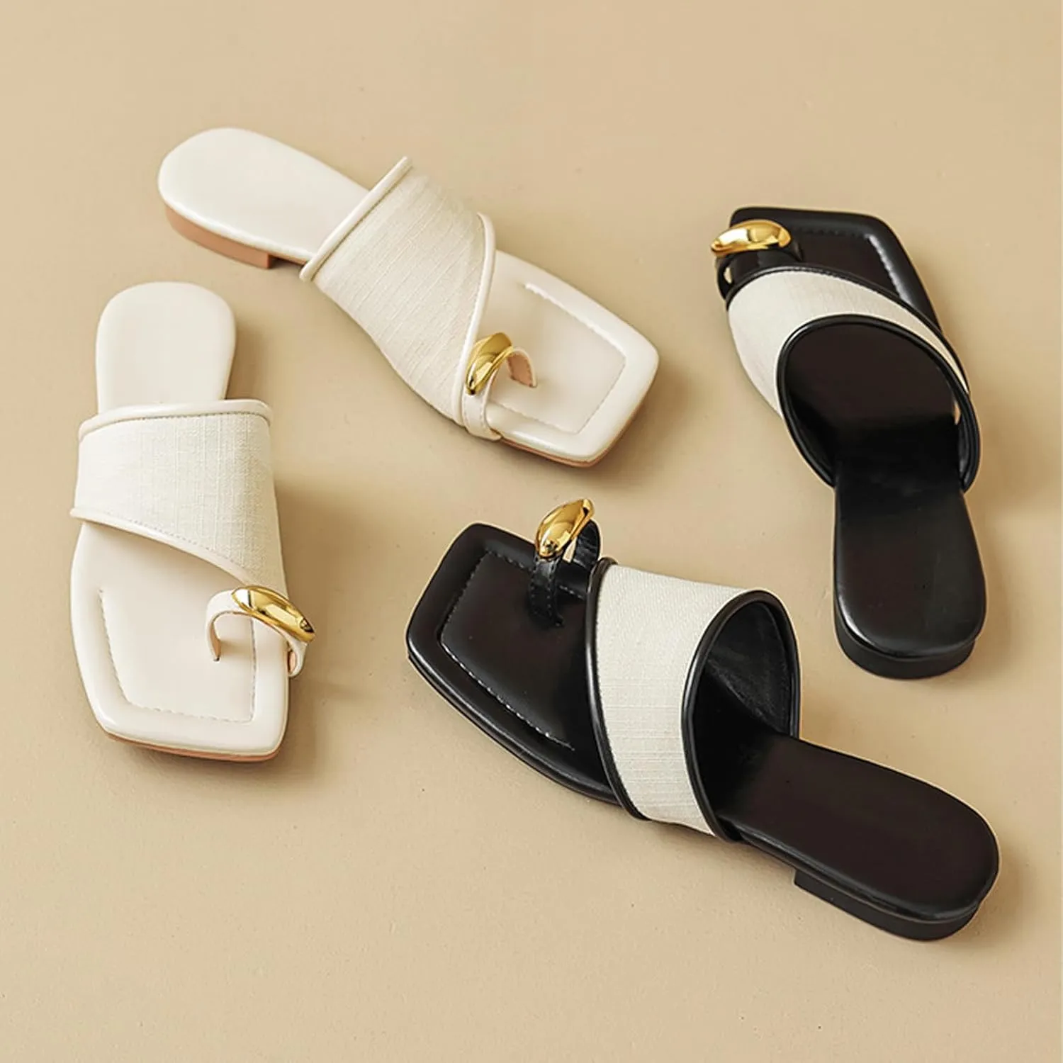 Lymphvity Women's Ring Toe Metal Flat Sandals Summer Slip-on Square Open Toe Non-Slip Beach Flats Slippers