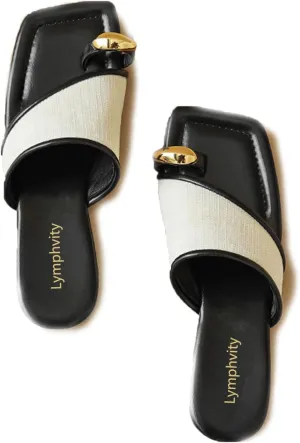Lymphvity Women's Ring Toe Metal Flat Sandals Summer Slip-on Square Open Toe Non-Slip Beach Flats Slippers