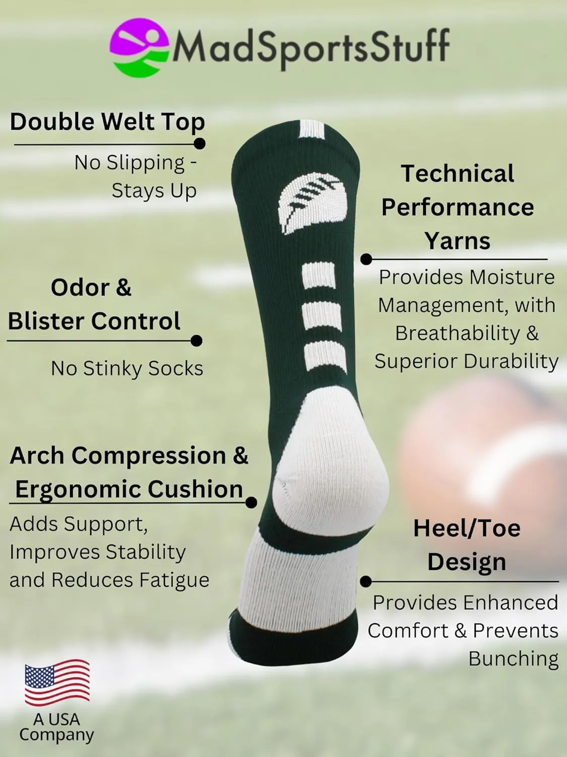 MadSportsStuff Youth Football Socks for Boys or Men, Crew Length Football Gift Accessories