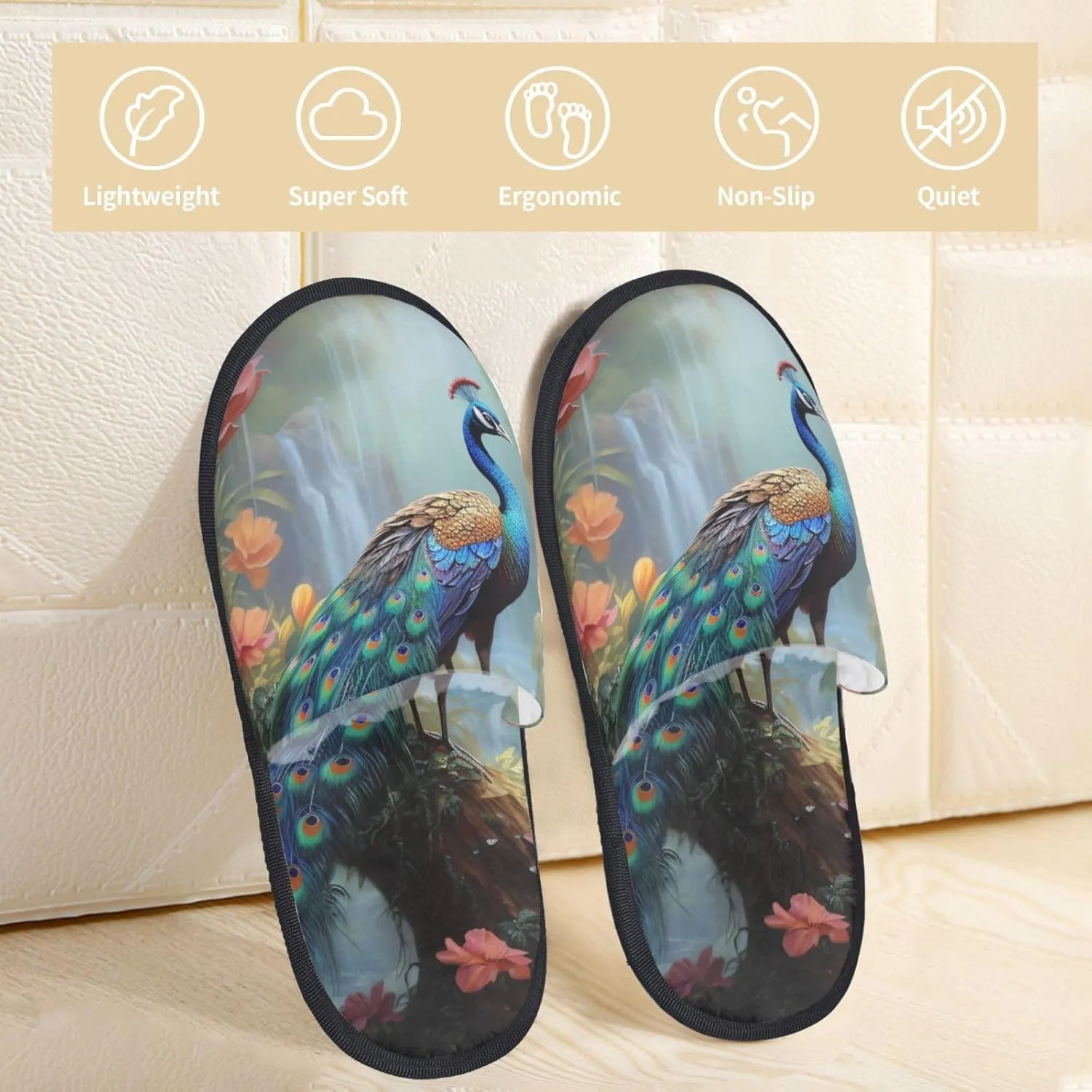 Magic Forest Pond Peacock Women's Fuzzy Slippers Slip-on Slipper Soft Comfy Bedroom Slippers Non-slip House Shoes