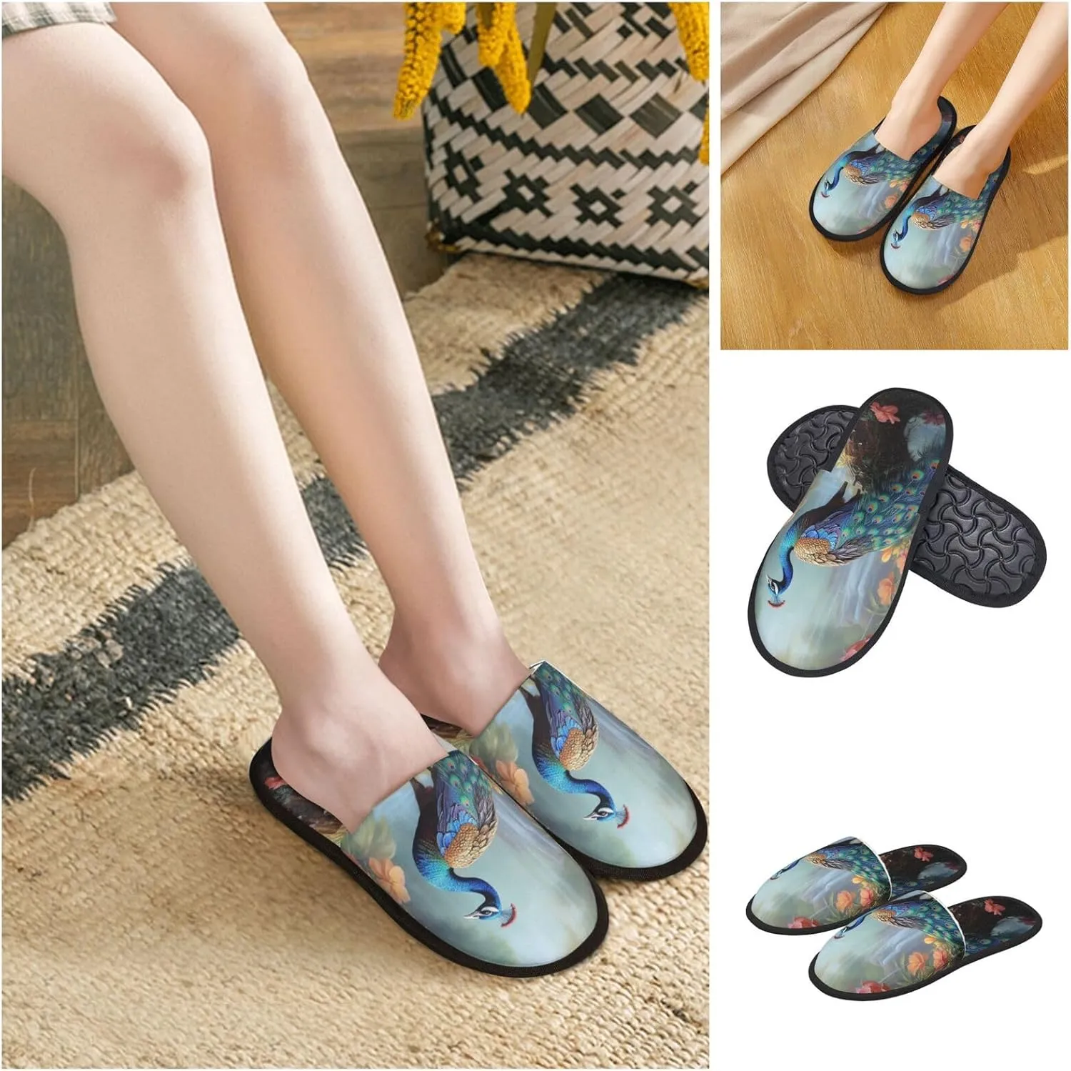 Magic Forest Pond Peacock Women's Fuzzy Slippers Slip-on Slipper Soft Comfy Bedroom Slippers Non-slip House Shoes