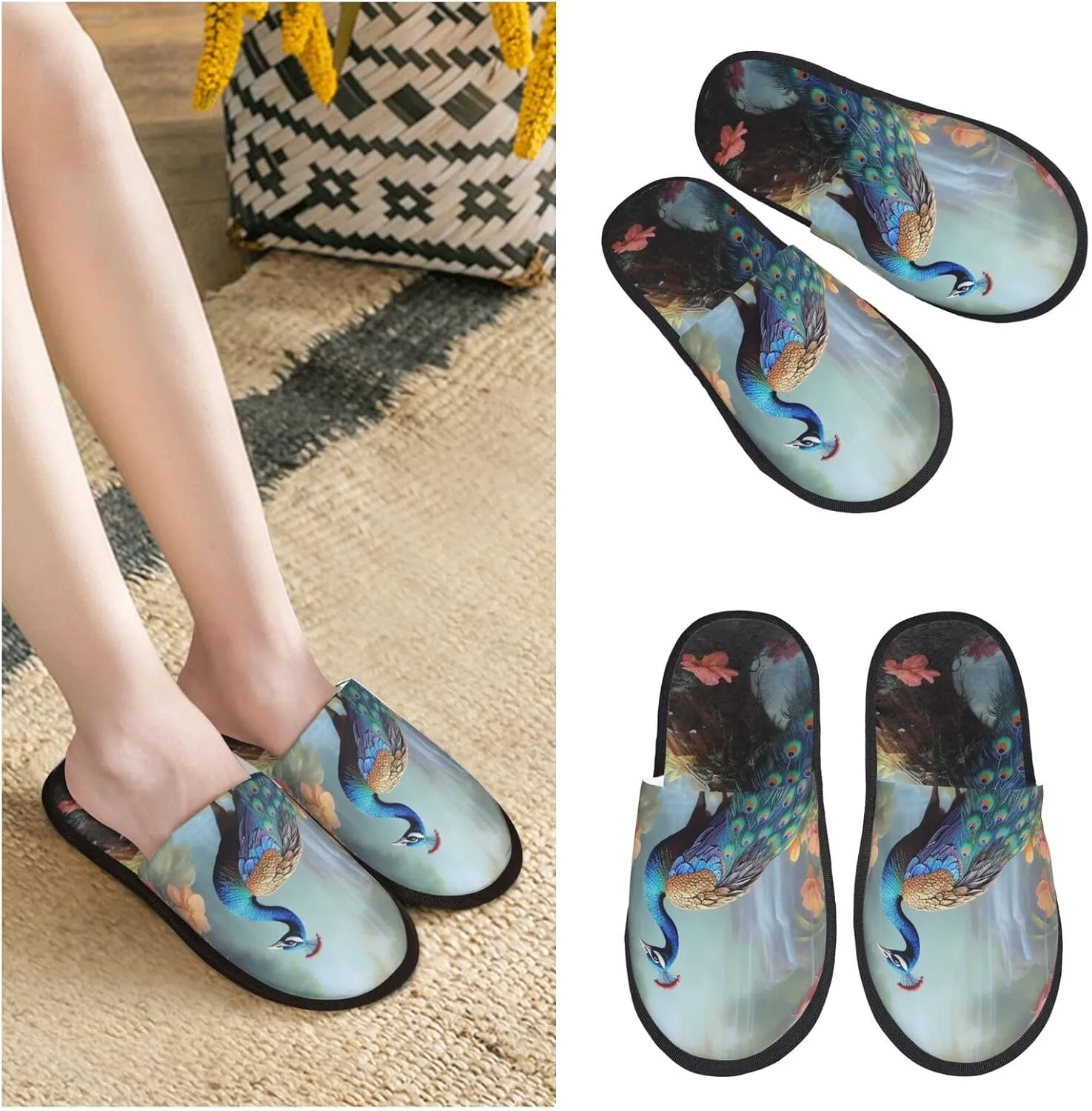 Magic Forest Pond Peacock Women's Fuzzy Slippers Slip-on Slipper Soft Comfy Bedroom Slippers Non-slip House Shoes