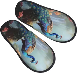 Magic Forest Pond Peacock Women's Fuzzy Slippers Slip-on Slipper Soft Comfy Bedroom Slippers Non-slip House Shoes