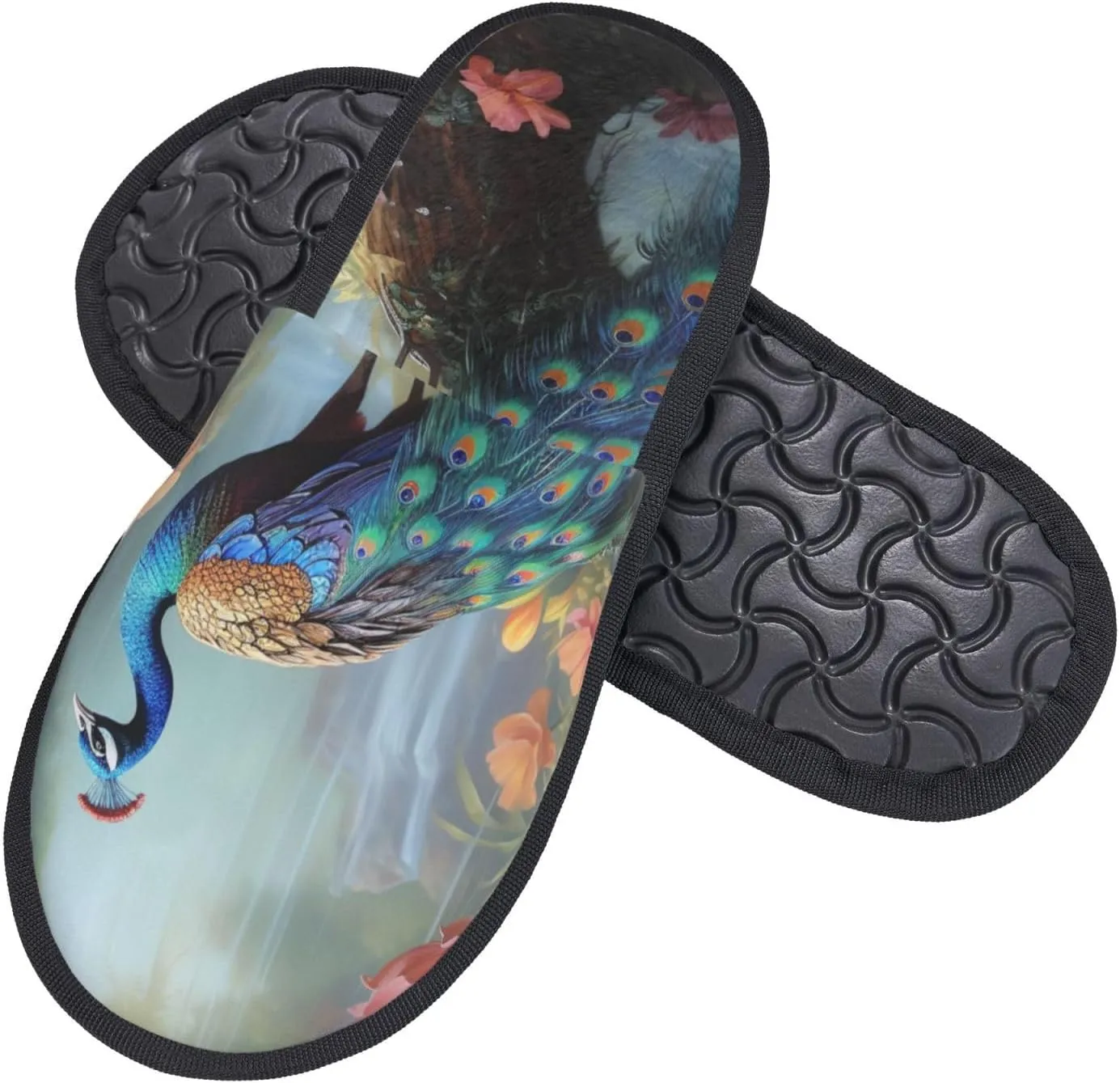 Magic Forest Pond Peacock Women's Fuzzy Slippers Slip-on Slipper Soft Comfy Bedroom Slippers Non-slip House Shoes