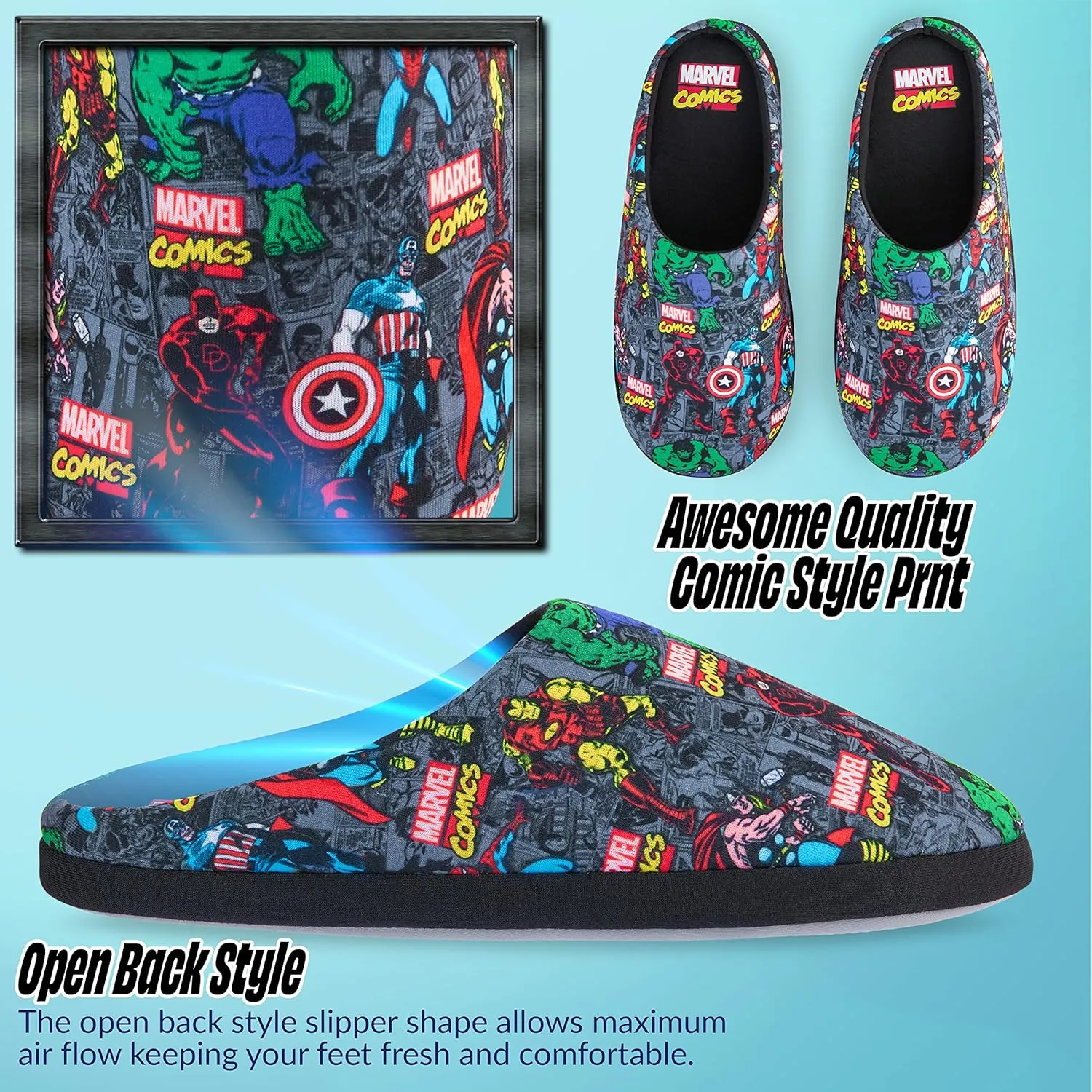 Marvel Mens Slippers Avengers Captain America Spiderman Iron Man Comic Novelty Slippers