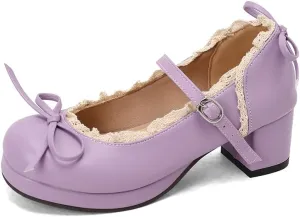 Mary Jane Women Chunky Block Heel Pumps with Elegant Bow Laced Lolita Leather Shoes