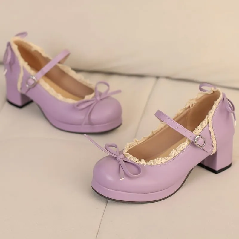Mary Jane Women Chunky Block Heel Pumps with Elegant Bow Laced Lolita Leather Shoes