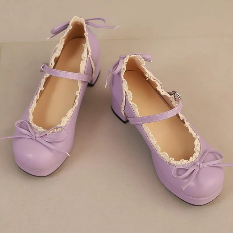 Mary Jane Women Chunky Block Heel Pumps with Elegant Bow Laced Lolita Leather Shoes