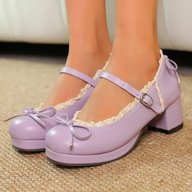 Mary Jane Women Chunky Block Heel Pumps with Elegant Bow Laced Lolita Leather Shoes