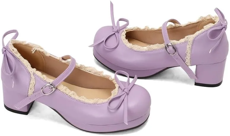 Mary Jane Women Chunky Block Heel Pumps with Elegant Bow Laced Lolita Leather Shoes