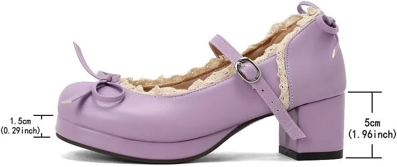 Mary Jane Women Chunky Block Heel Pumps with Elegant Bow Laced Lolita Leather Shoes