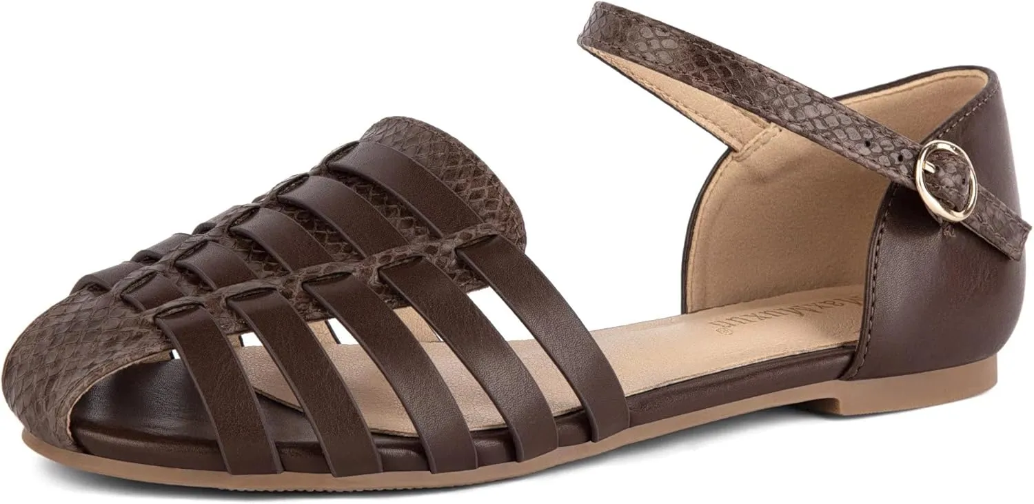 MaxMuxun Women's Closed Toe Flat Sandals Comfortable Ankle Strap Cut Out Cage Summer Roman Shoes