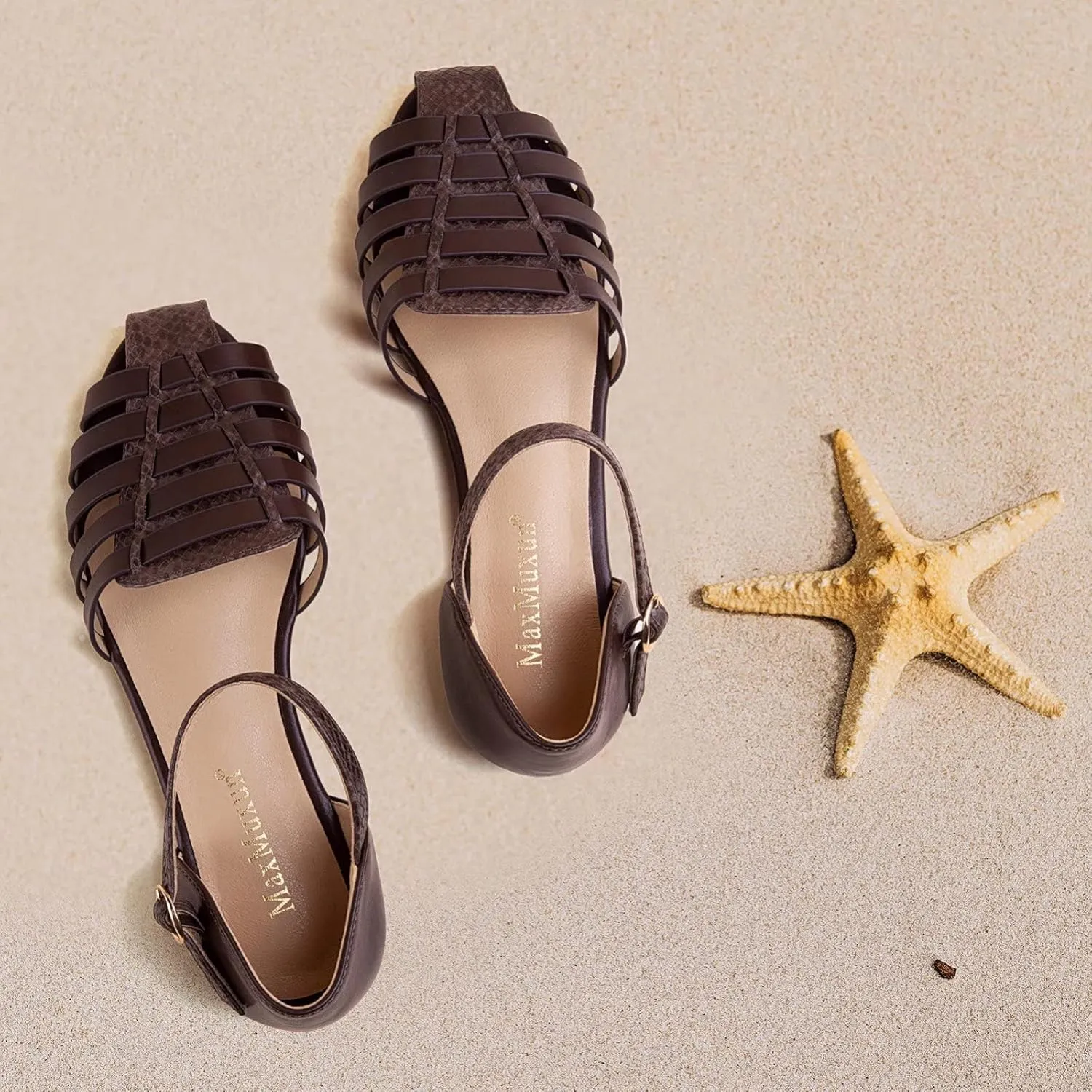 MaxMuxun Women's Closed Toe Flat Sandals Comfortable Ankle Strap Cut Out Cage Summer Roman Shoes