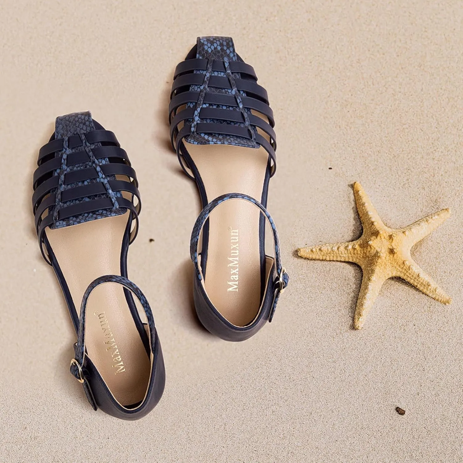 MaxMuxun Women's Closed Toe Flat Sandals Comfortable Ankle Strap Cut Out Cage Summer Roman Shoes