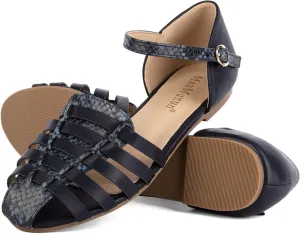 MaxMuxun Women's Closed Toe Flat Sandals Comfortable Ankle Strap Cut Out Cage Summer Roman Shoes