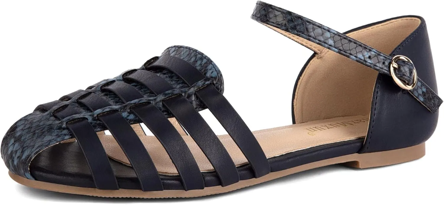 MaxMuxun Women's Closed Toe Flat Sandals Comfortable Ankle Strap Cut Out Cage Summer Roman Shoes
