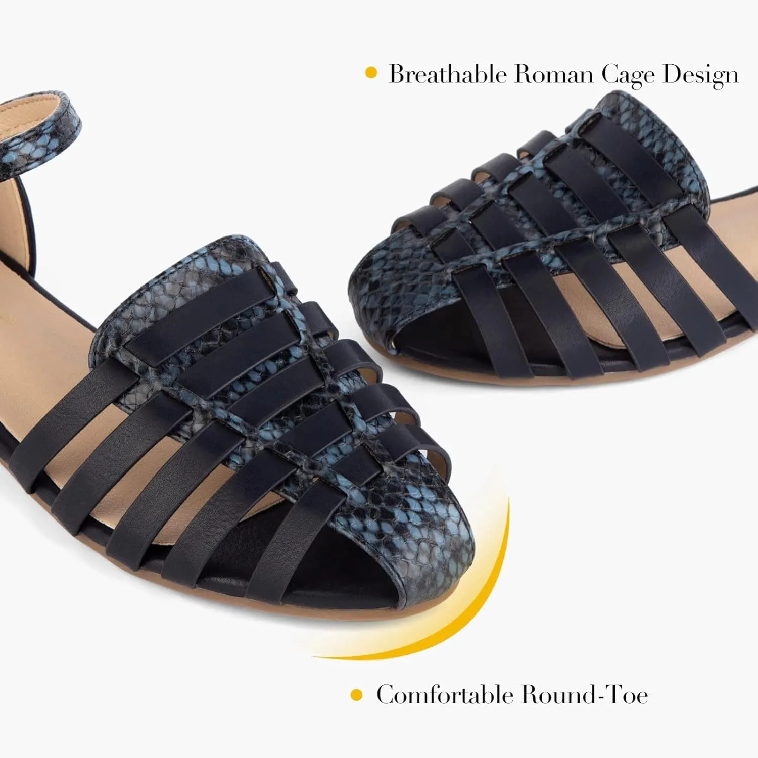 MaxMuxun Women's Closed Toe Flat Sandals Comfortable Ankle Strap Cut Out Cage Summer Roman Shoes
