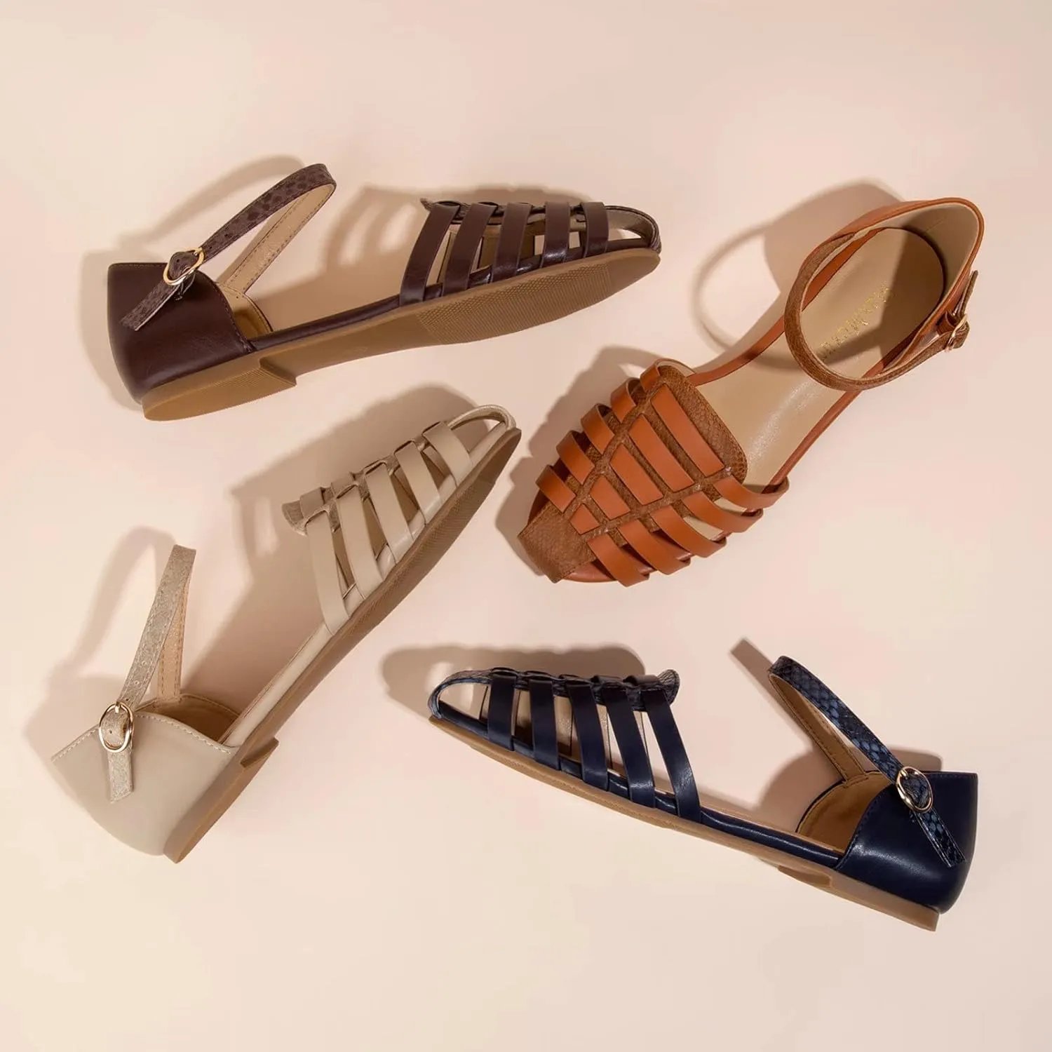 MaxMuxun Women's Closed Toe Flat Sandals Comfortable Ankle Strap Cut Out Cage Summer Roman Shoes