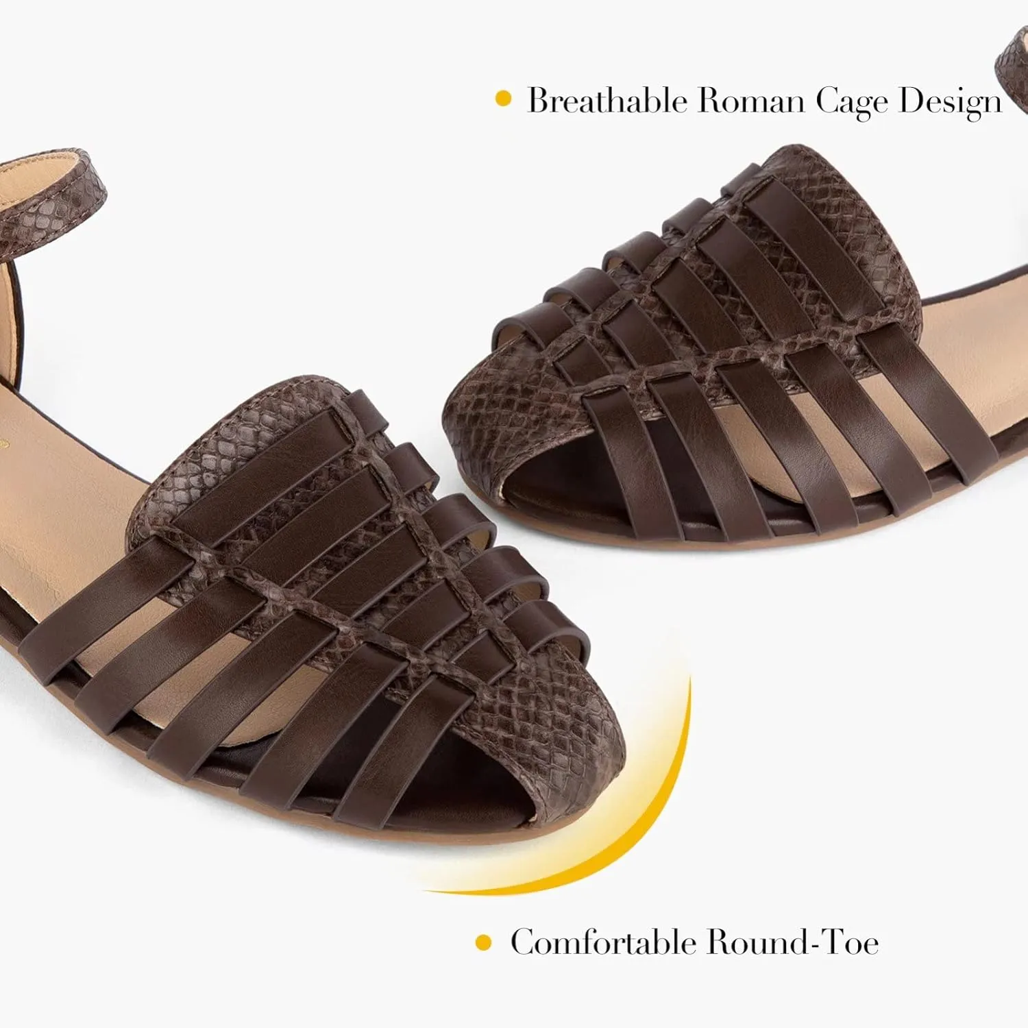 MaxMuxun Women's Closed Toe Flat Sandals Comfortable Ankle Strap Cut Out Cage Summer Roman Shoes
