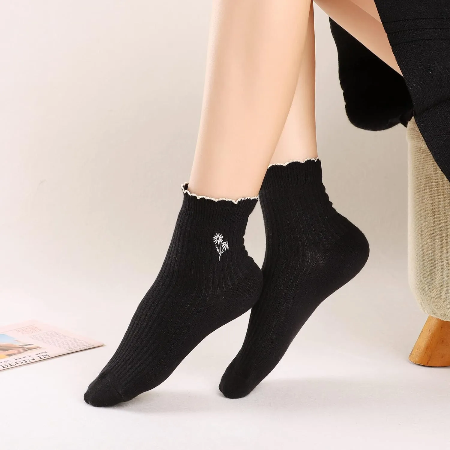 Mcool Mary Womens Socks, Ruffle Turn-Cuff Casual Ankle Breathable Cool Knit Cotton Lettuce Crew Frilly Sock 6 Pack