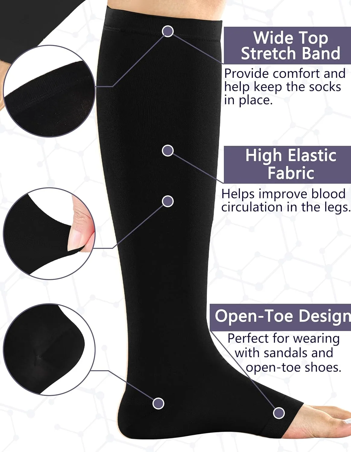  MD 2 Pairs Medical Compression Socks for Women & Men 20-30 mmHg, knee High Open Toe Stocking for Edema, Varicose Veins