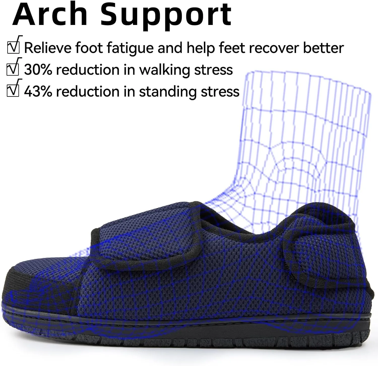 Men Adjustable Velcro Slippers Breathable Adjust Closure Diabetic Walking Shoes for Men Extra Wide Width for Swollen Feet All Season Wear Black DarkBlue US8-US13