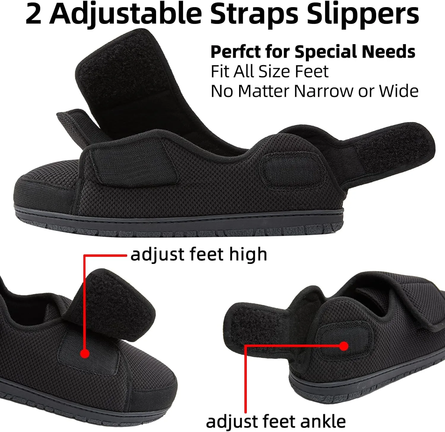 Men Adjustable Velcro Slippers Breathable Adjust Closure Diabetic Walking Shoes for Men Extra Wide Width for Swollen Feet All Season Wear Black DarkBlue US8-US13