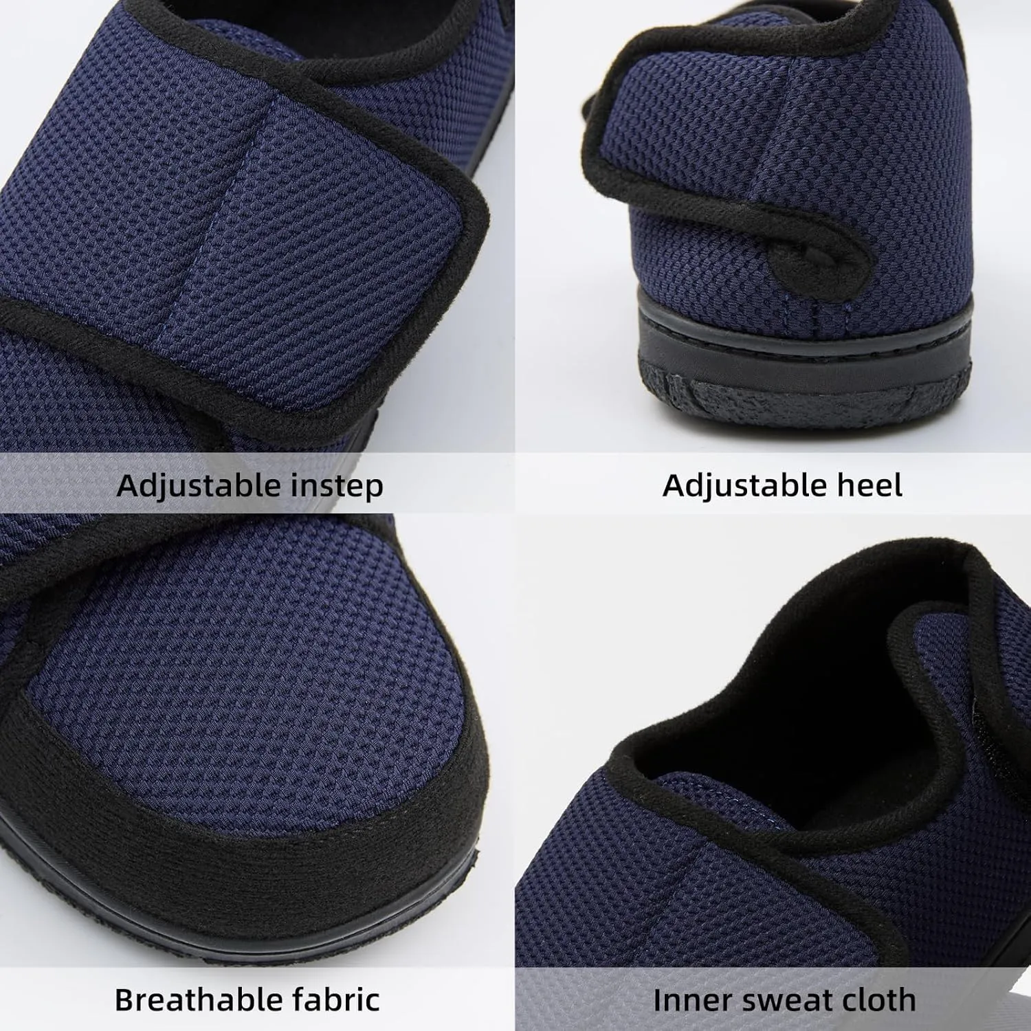Men Adjustable Velcro Slippers Breathable Adjust Closure Diabetic Walking Shoes for Men Extra Wide Width for Swollen Feet All Season Wear Black DarkBlue US8-US13