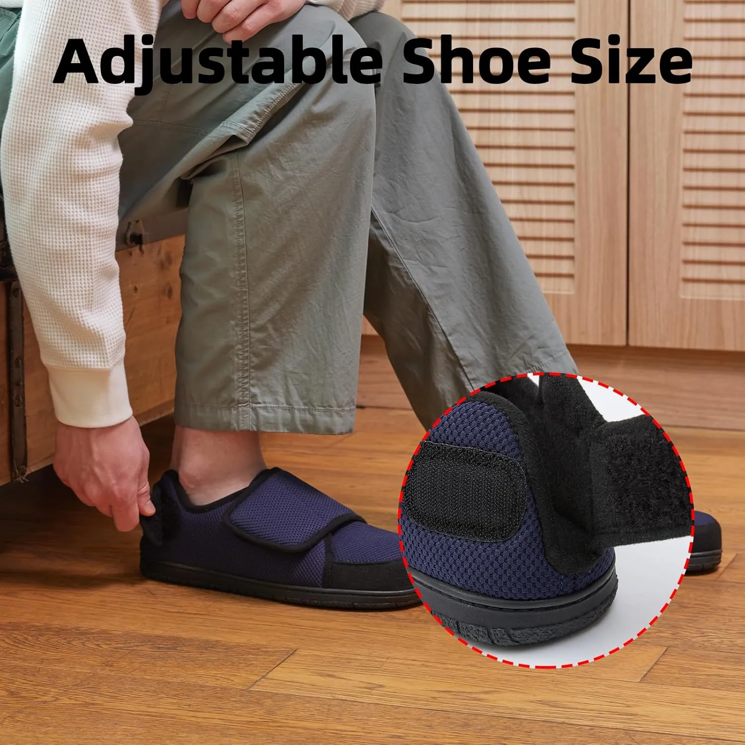 Men Adjustable Velcro Slippers Breathable Adjust Closure Diabetic Walking Shoes for Men Extra Wide Width for Swollen Feet All Season Wear Black DarkBlue US8-US13