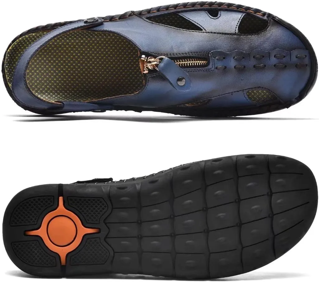 Men Closed Toe Leather Beach Sandals,Handmade Fashion Fisherman Waterproof Slides Sandal,Casual Water Slippers Shoes