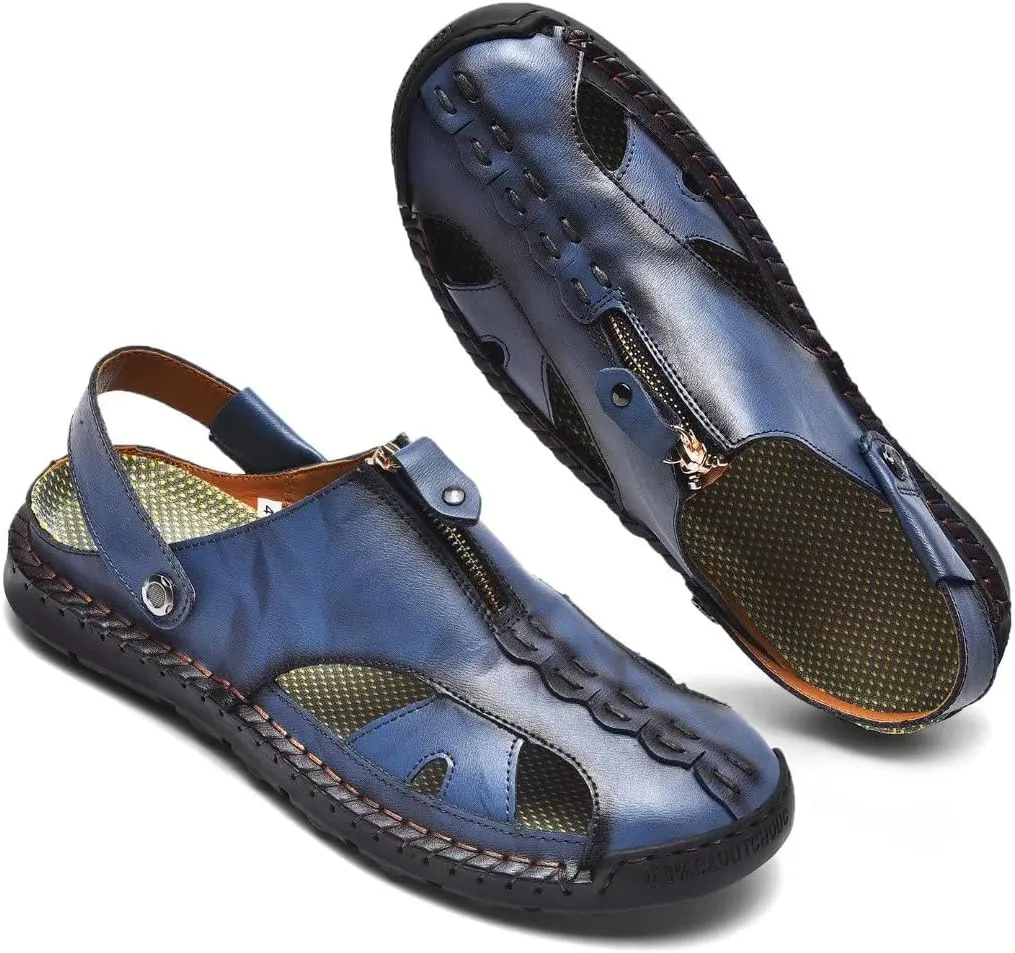 Men Closed Toe Leather Beach Sandals,Handmade Fashion Fisherman Waterproof Slides Sandal,Casual Water Slippers Shoes
