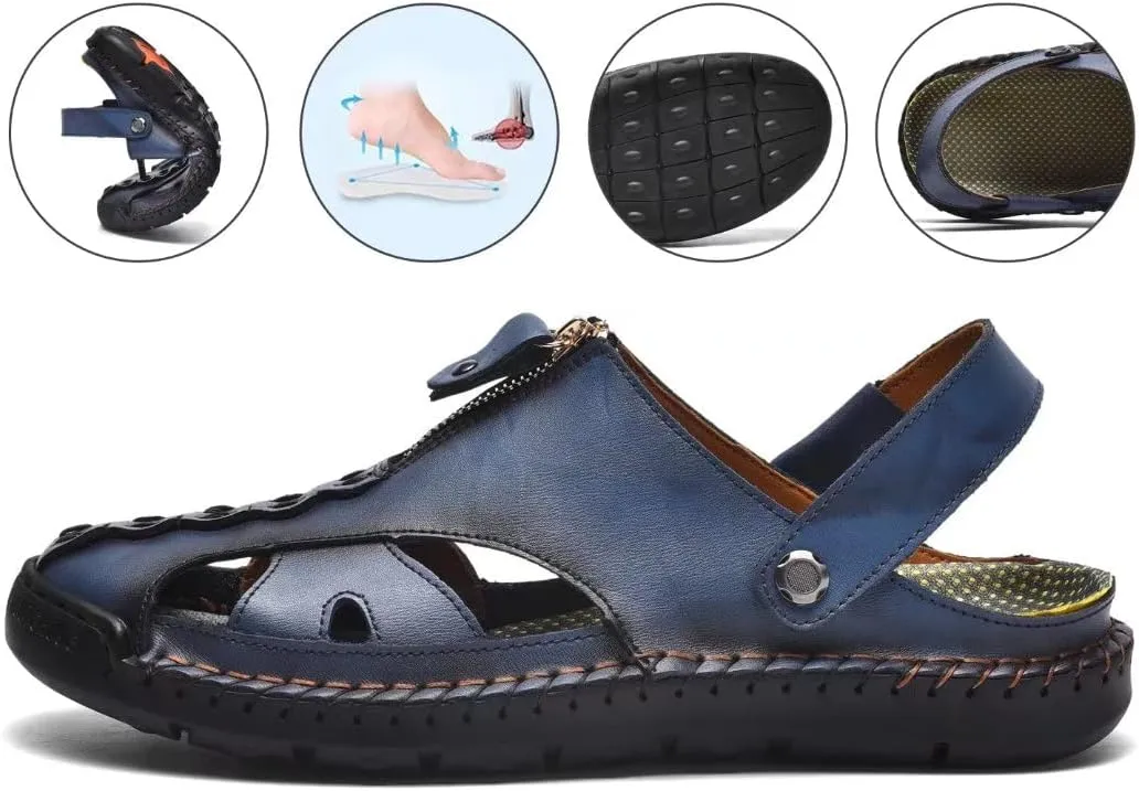 Men Closed Toe Leather Beach Sandals,Handmade Fashion Fisherman Waterproof Slides Sandal,Casual Water Slippers Shoes