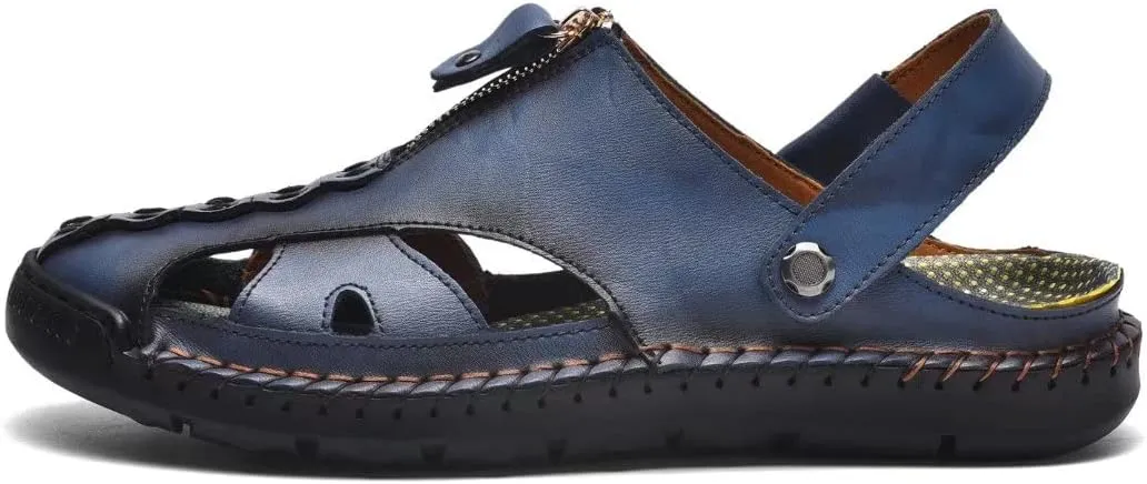 Men Closed Toe Leather Beach Sandals,Handmade Fashion Fisherman Waterproof Slides Sandal,Casual Water Slippers Shoes