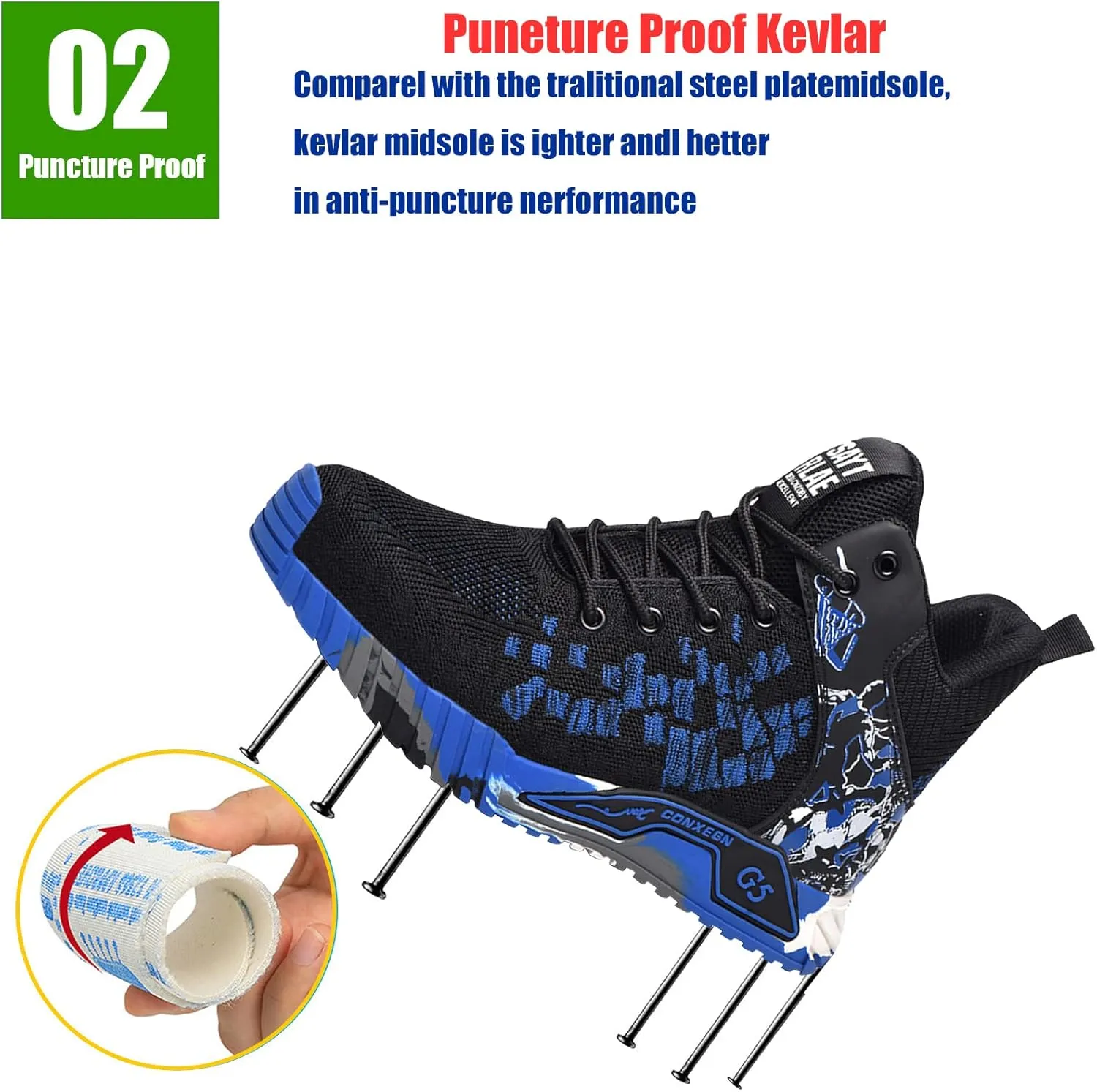 Men Women Indestructible Work Shoes，Lightweight Safety Shoes Slip Resistant Work Sneaker Breathable Puncture Proof Shoes，