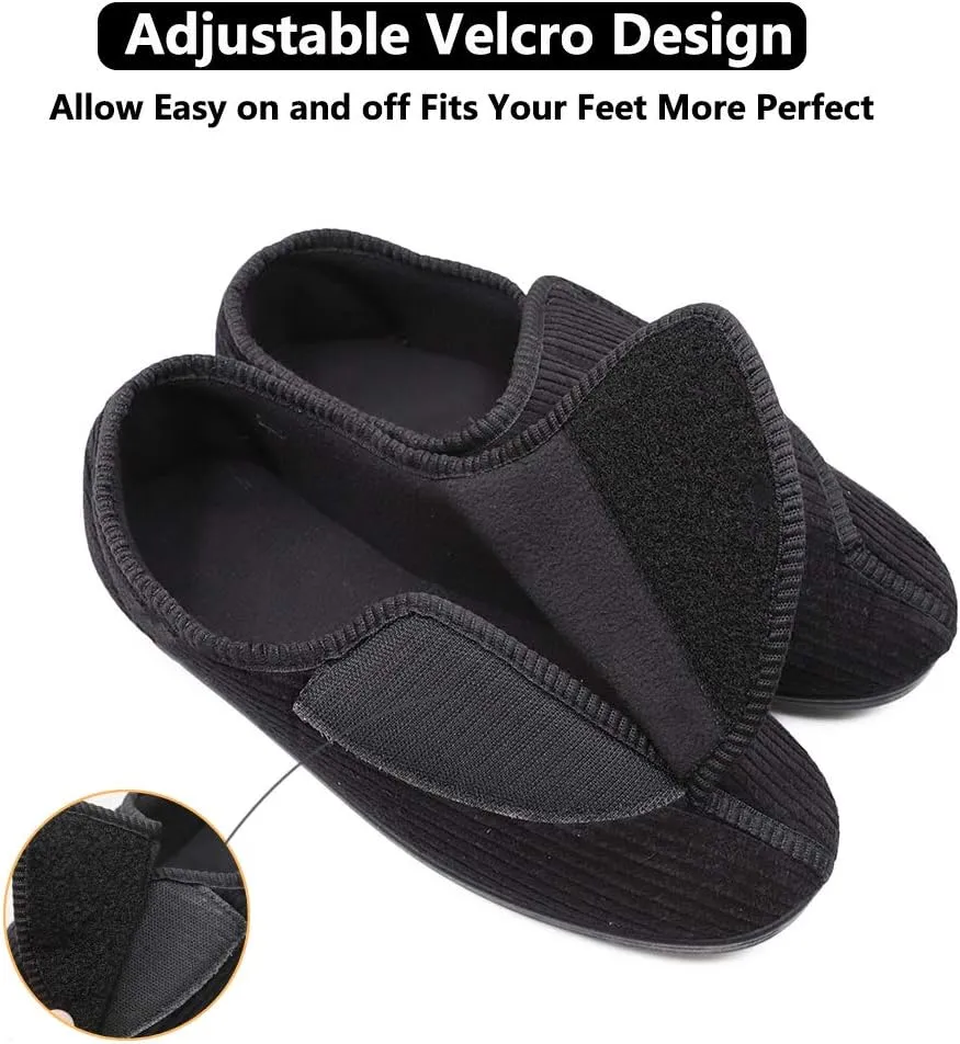 Mens Diabetic Slippers Extra Wide Memory Foam Comfort House Shoes with Adjustable Closure for Swollen Feet, Edema, Arthritis, Elderly Indoor/Outdoor