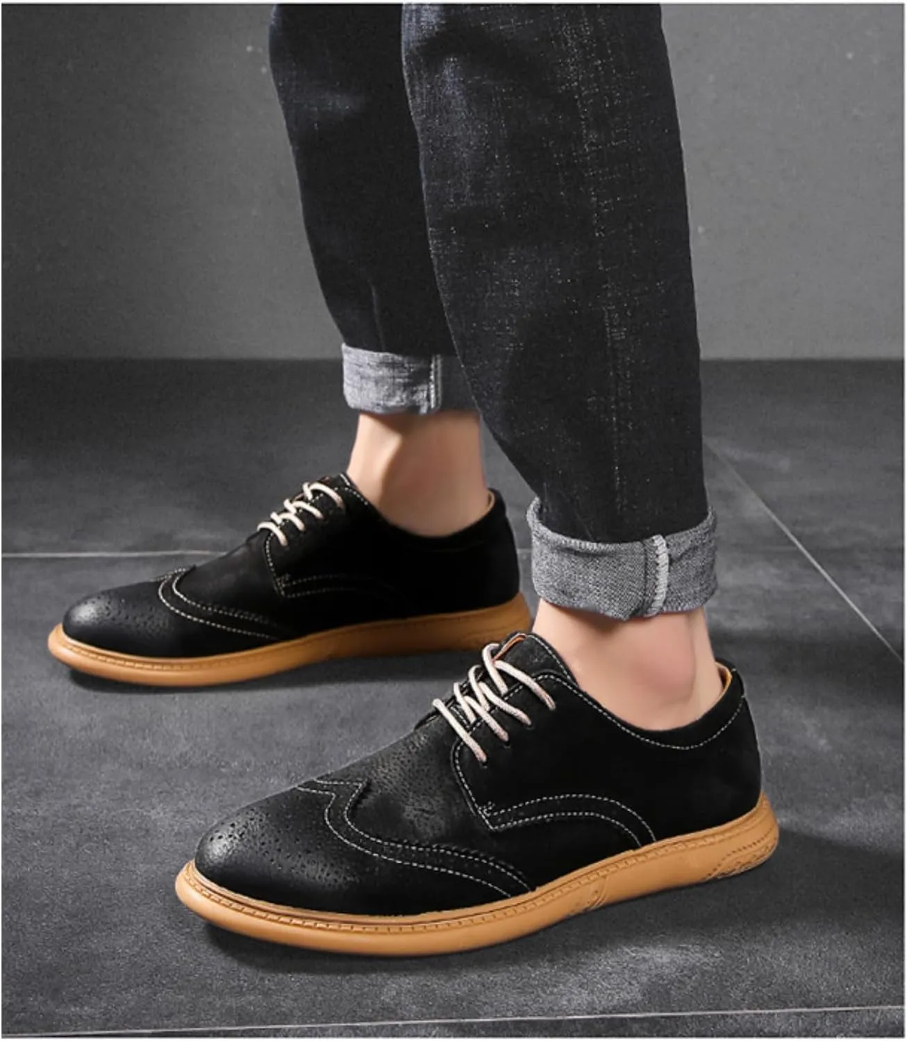 Men's Dress Oxford Shoes Classic Lace Up Retro Suede Leather Round Toe Chunky Heels Low-Top Casual British Business Breathable Brock Formal Shoe