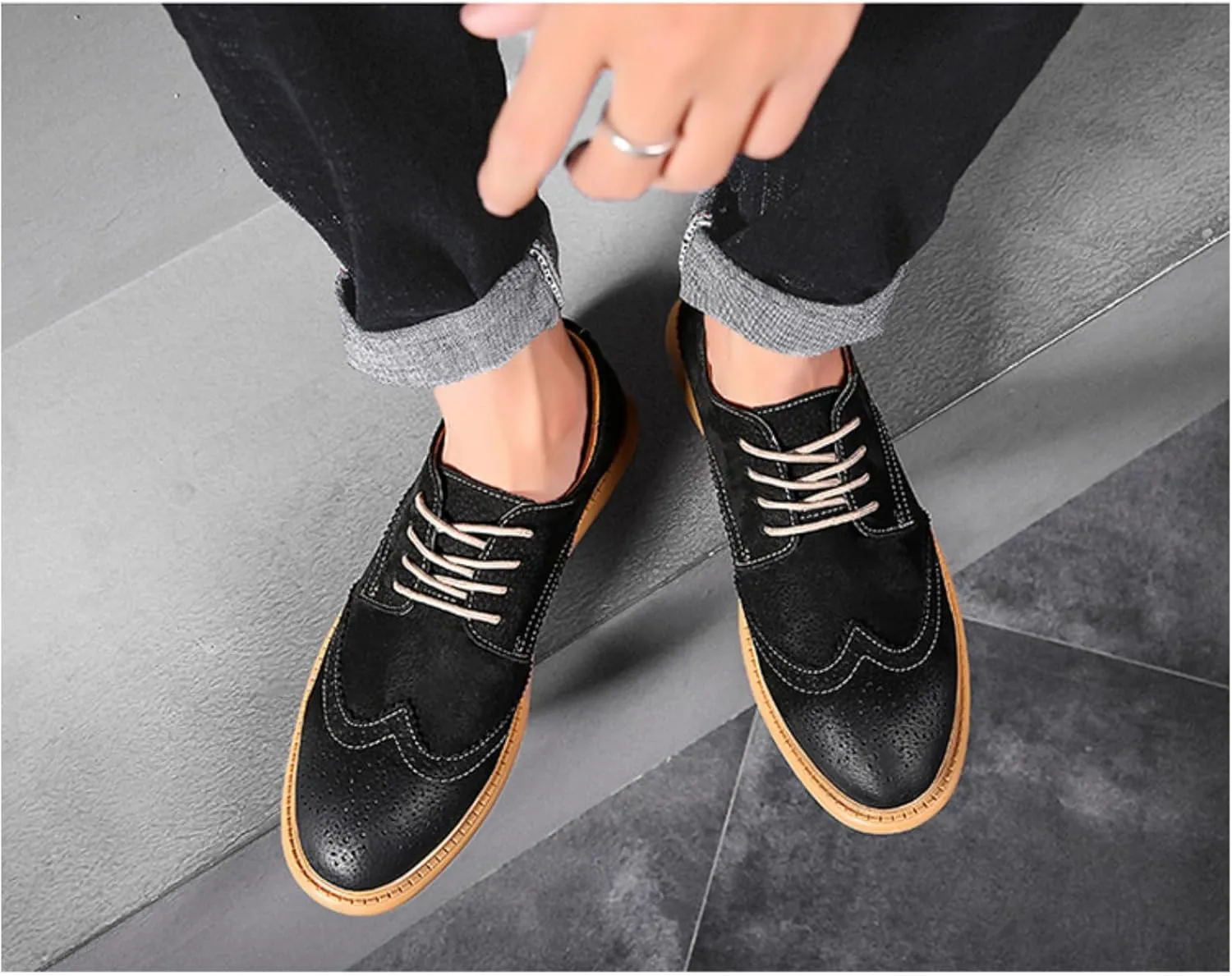 Men's Dress Oxford Shoes Classic Lace Up Retro Suede Leather Round Toe Chunky Heels Low-Top Casual British Business Breathable Brock Formal Shoe